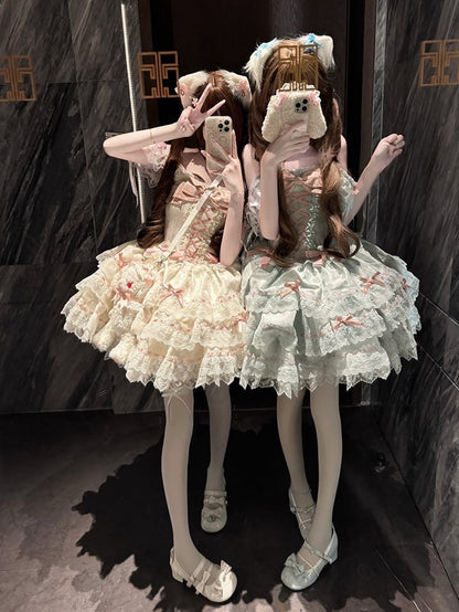 Lace Jacquard with Green Dress Princess Bow Lolita Details Multi-Layered