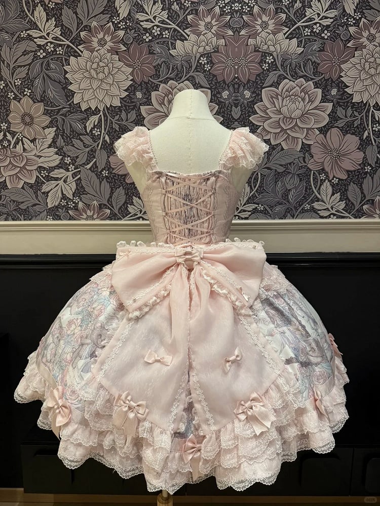 Sweet Pink Bowknot Hem Bear JSK Angel Dress with Decorated Print Lolita