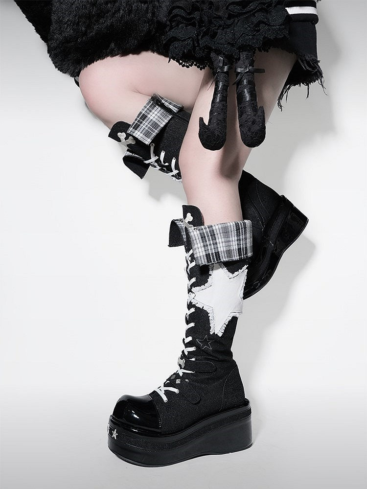 Boots Bone Punk Platform Knee-high with Details Black