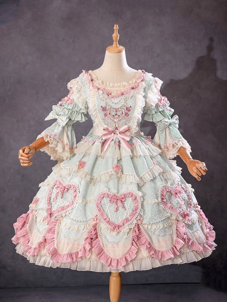 Magnifique robe Lolita Hanayome vert menthe brodée de rosaces florales et de perles