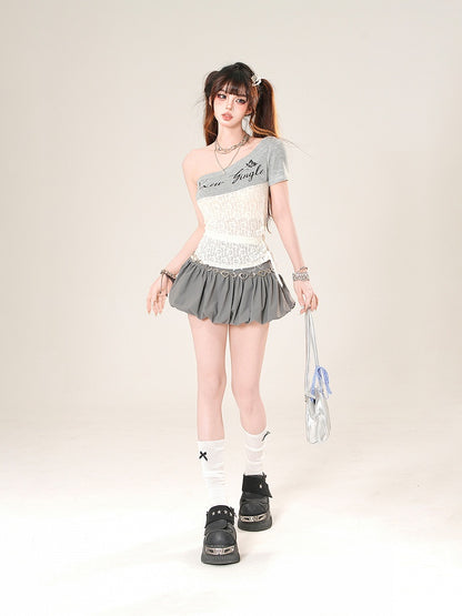 レースアップ アシンメトリーネックライン コントラストレースパッチ サイドグレー Tシャツ