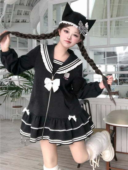 Stickerei Reißverschluss Kitty Jirai Kei Kragen Kleid Schwarz Landmine Stil Sailor Verschluss