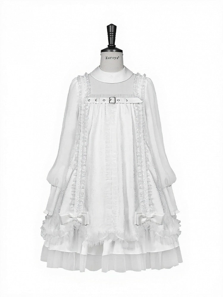 White Gothic Lolita Pleated Dress with Round Collar, Lace and Bowknot Accents - Kuroya
