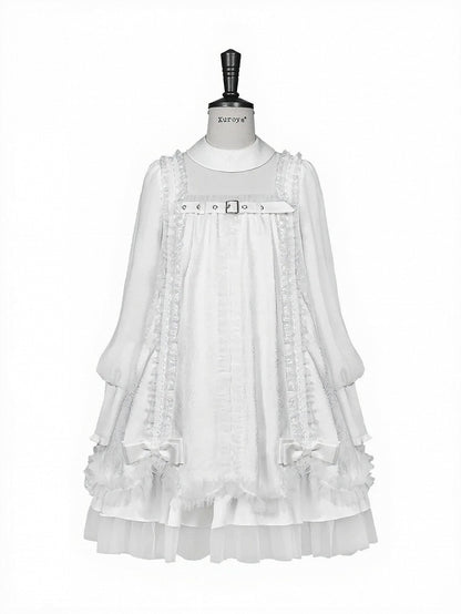 White Gothic Lolita Pleated Dress with Round Collar, Lace and Bowknot Accents - Kuroya