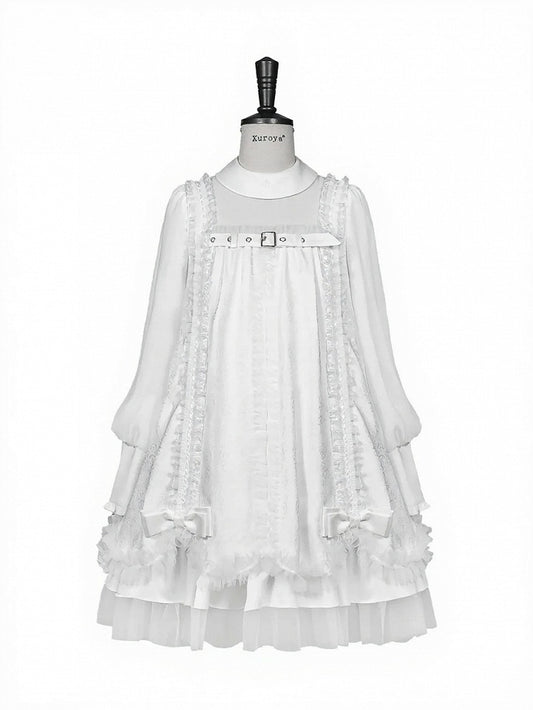 White Gothic Lolita Pleated Dress with Round Collar, Lace and Bowknot Accents - Kuroya