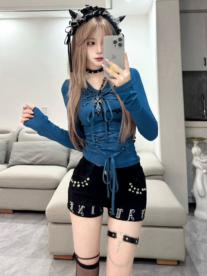 Front with Alternative Fashion Lace-up Klein Blue Cross Long Sleeve Top Details