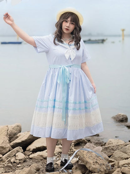 Sailor Muster Verfügbar Plus Blau Lolita Kleid Größen Meer Kragen Jacquard Sommer Gestreiften Shell