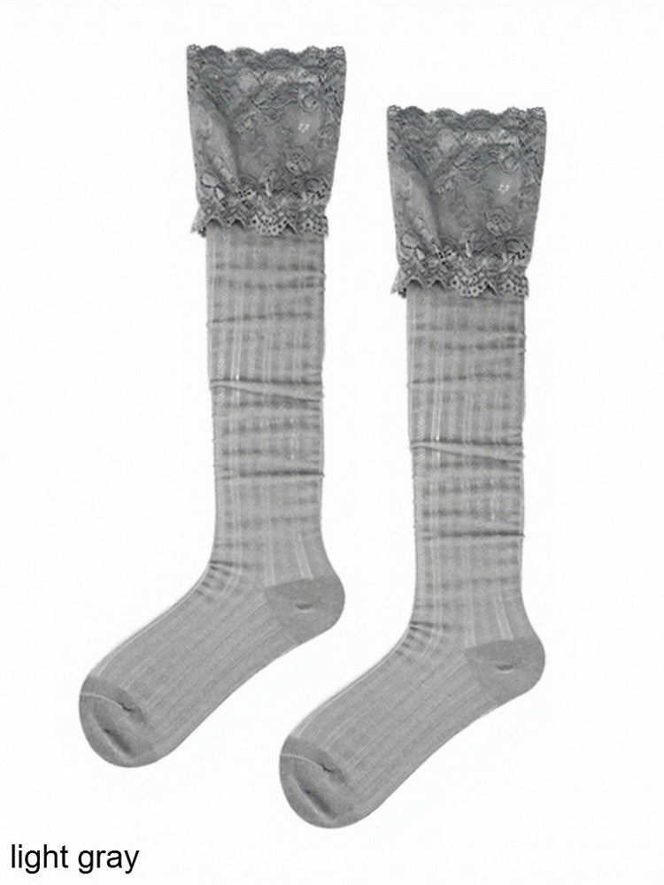 4-Color Lace Trim Calf Socks with Stripe Pattern - ModaSwings