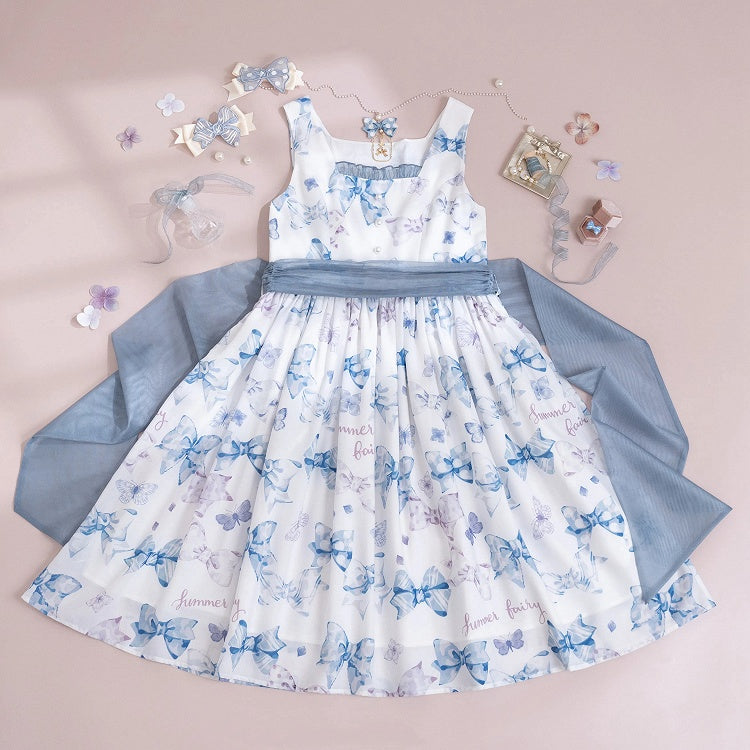 Sweet Bowknots Print Blue High Waist Retao Lolita Dress