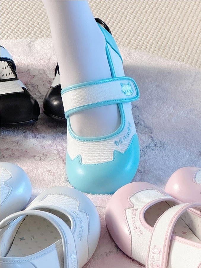 Janes Cat Embroidery Green Kitty Velcro Cute Mary - Flats Ear Closures Toe Round Featuring