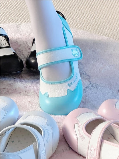 Janes Cat Embroidery Green Kitty Velcro Cute Mary - Flats Ear Closures Toe Round Featuring