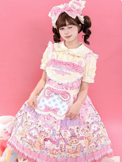 Kawaii Puff Sleeves Lolita JSK Dress with Bear Cake Theme Floral Print - Mewroco