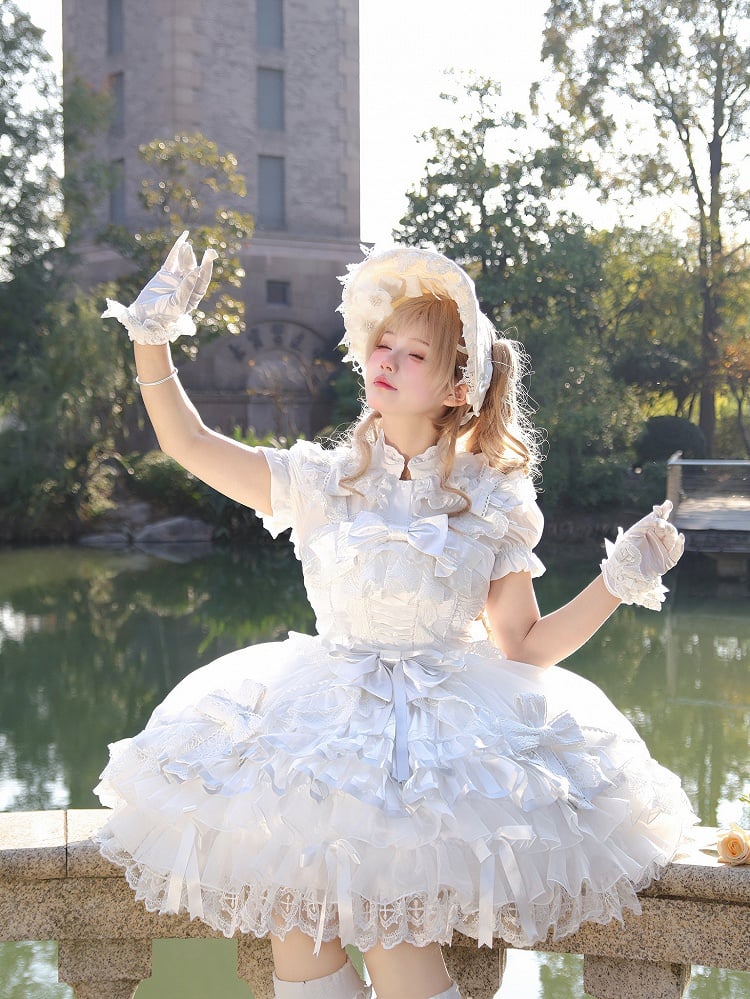 Lolita Accents Ruffle Skirt with Princess Layered Silver Dress White JSK and Bow