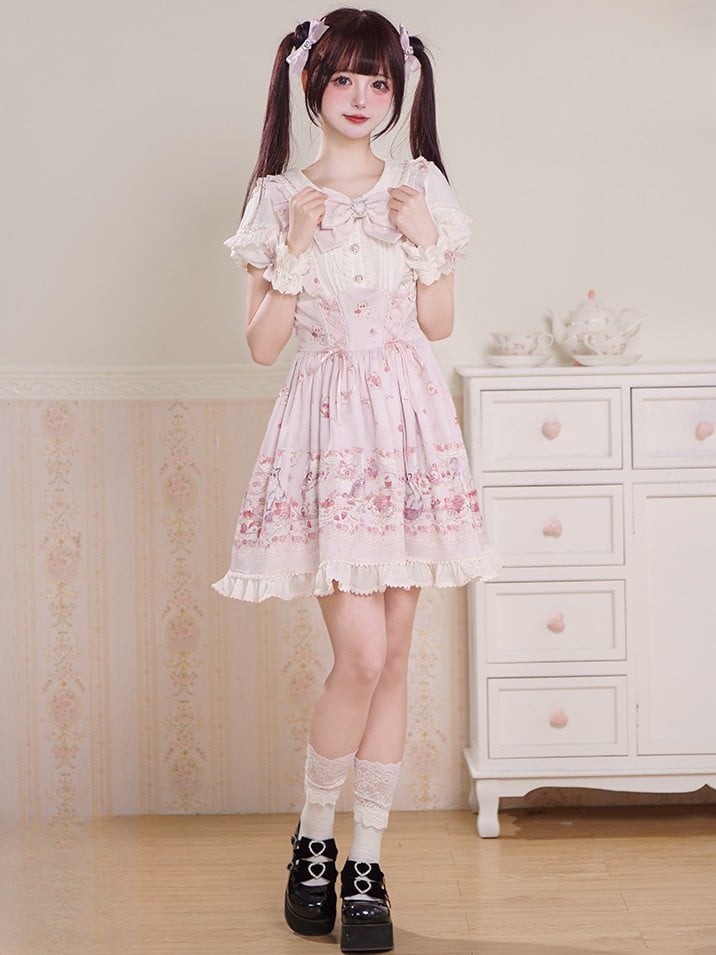 Lace-up Design Sweet Pleating Kei Details Print Pink Cat Jirai