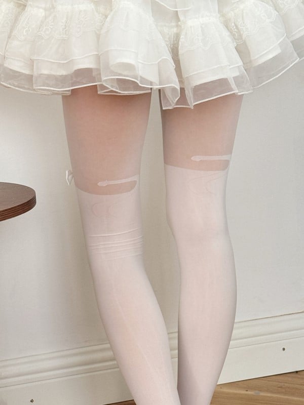 Lolita White/Black Print Bowknot Details Kitty Tights