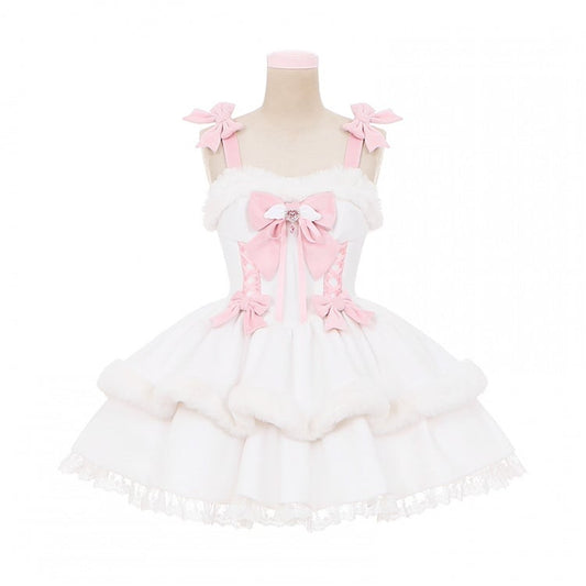 Bowknot Details Lace-up Basque Waist White Lolita Jumper Skirt Sweet Dress