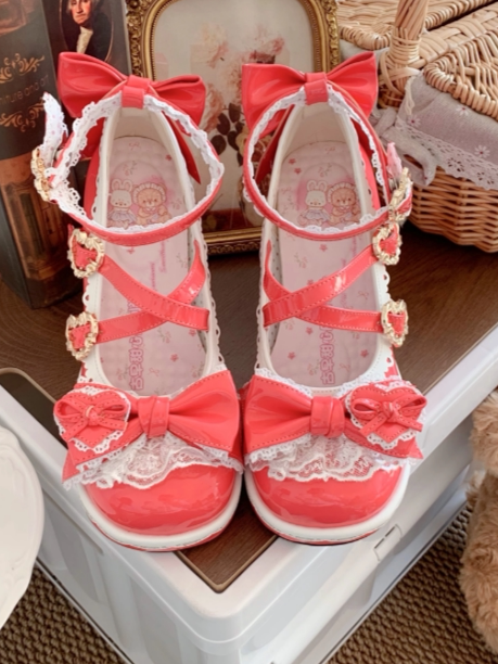 Lace-edged Platforms Transparent Ball-shaped Rose Heels Bow Pink PU - Lolita