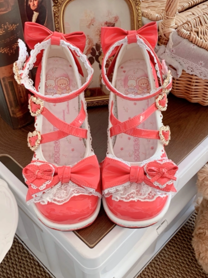 Lace-edged Platforms Transparent Ball-shaped Rose Heels Bow Pink PU - Lolita