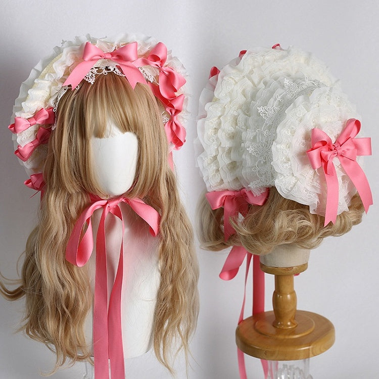 Farben: Abnehmbare Lolita-Haube mit Schleife, Spitzenbesatz und süßem, elegantem Beige 12