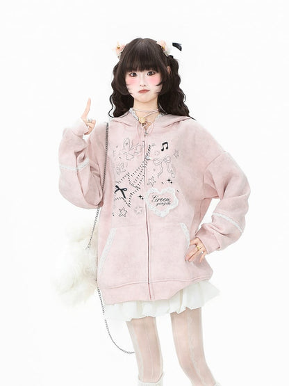 Ear with Gray/Pink Bunny Bow Regular/Thicken Lace-Trimmed Blue/Light Hoodie Accents