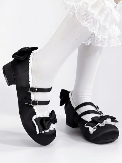 Round Low-heel with Lolita Toe Lace Black Shoes Ruffle Sweet -