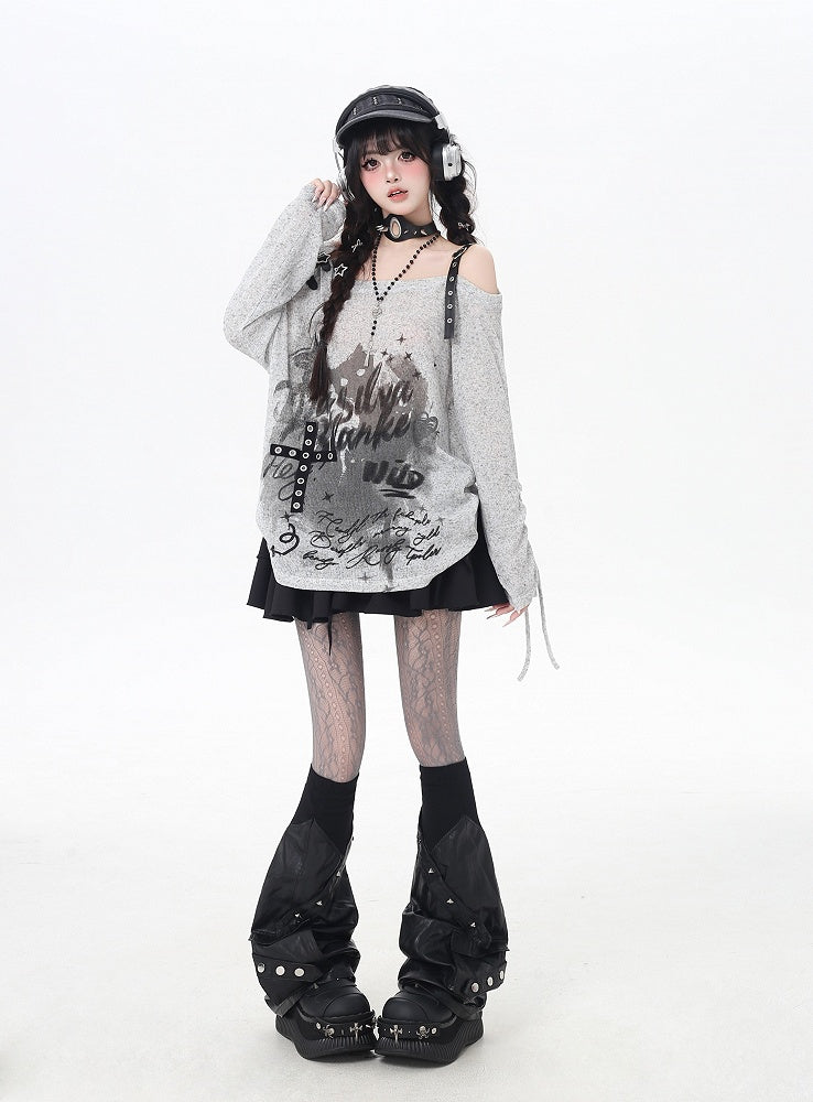 Gray/Black Asymmetrical Neckline Graffiti Print Star Light Buckles Coverup