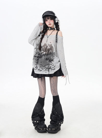 Gray/Black Asymmetrical Neckline Graffiti Print Star Light Buckles Coverup