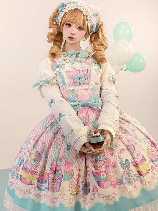 Blue Prints with and Sleeves JSK Trim Dress Flutter Pink Lolita Lace Sweet Cupcake