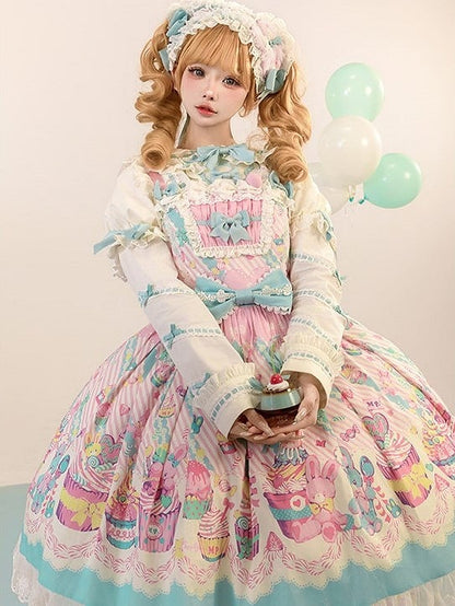 Blue Prints with and Sleeves JSK Trim Dress Flutter Pink Lolita Lace Sweet Cupcake