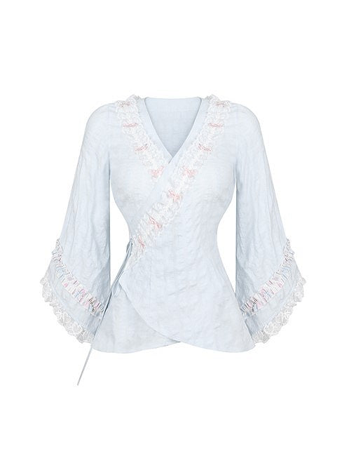 Blue Kimono-Style Long Sleeve Top with Ruffled Lace Accents