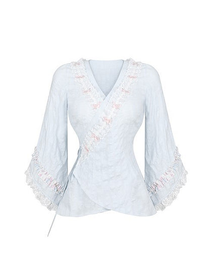 Blue Kimono-Style Long Sleeve Top with Ruffled Lace Accents