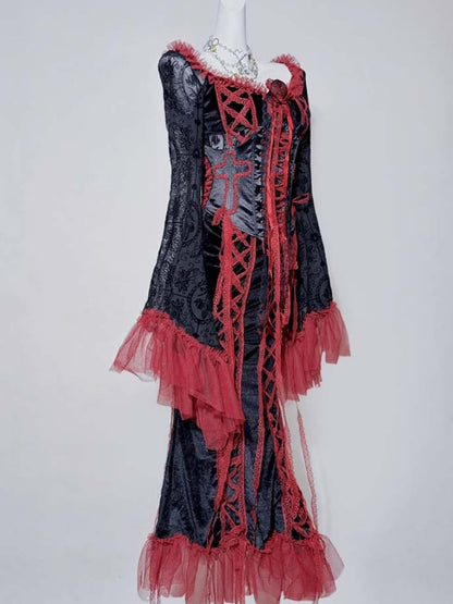 Gothic Black&Red Lace Trim Floral Mermaid Dress+Lace-up Detail Cross Corset Belt