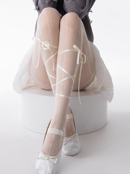 ブラック/ホワイト バレエコア クリスクロス セルフタイ ボウノット タイツ