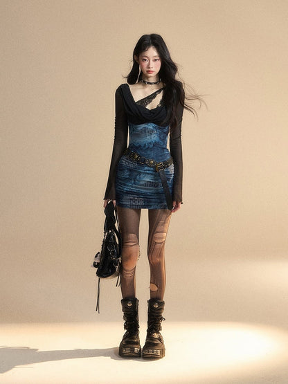 Minikleid Schwarz Kunst Zweiteiler Blau V-Ausschnitt Glockenärmel Glamorous