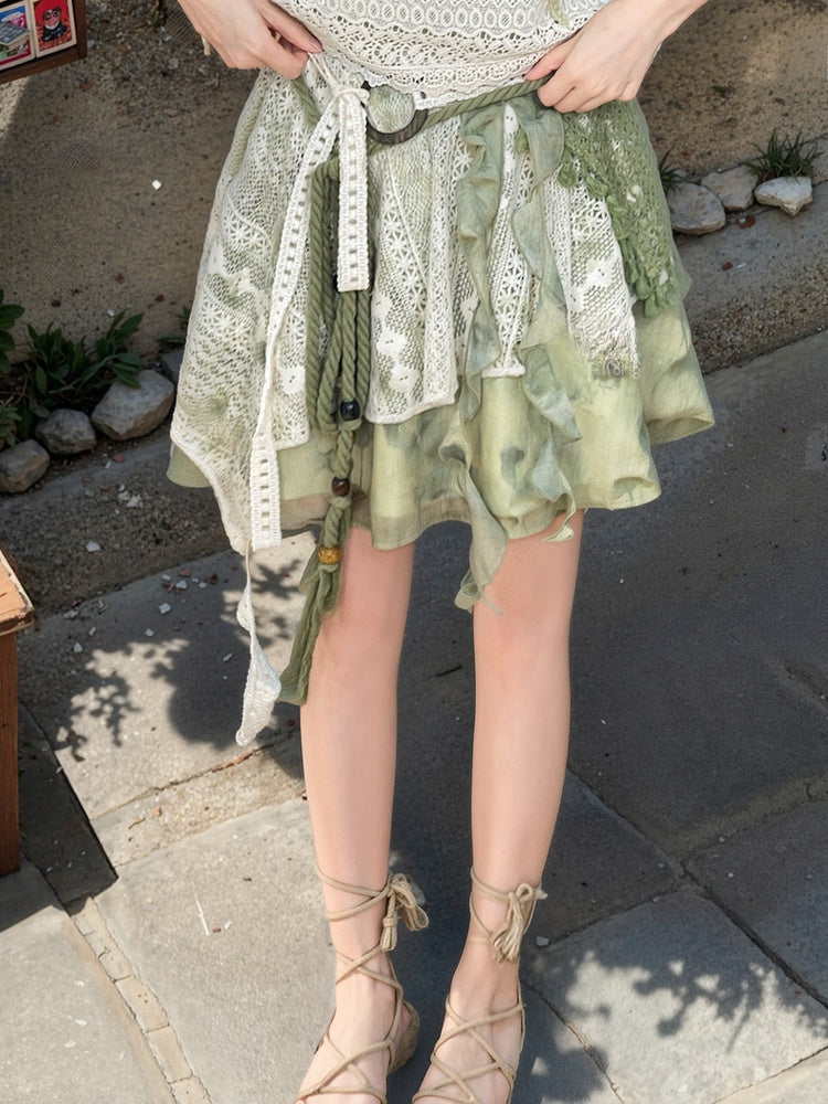 Dye Lace Patchwork Design Long/Short Tie Skirt Version Kei Green Mori