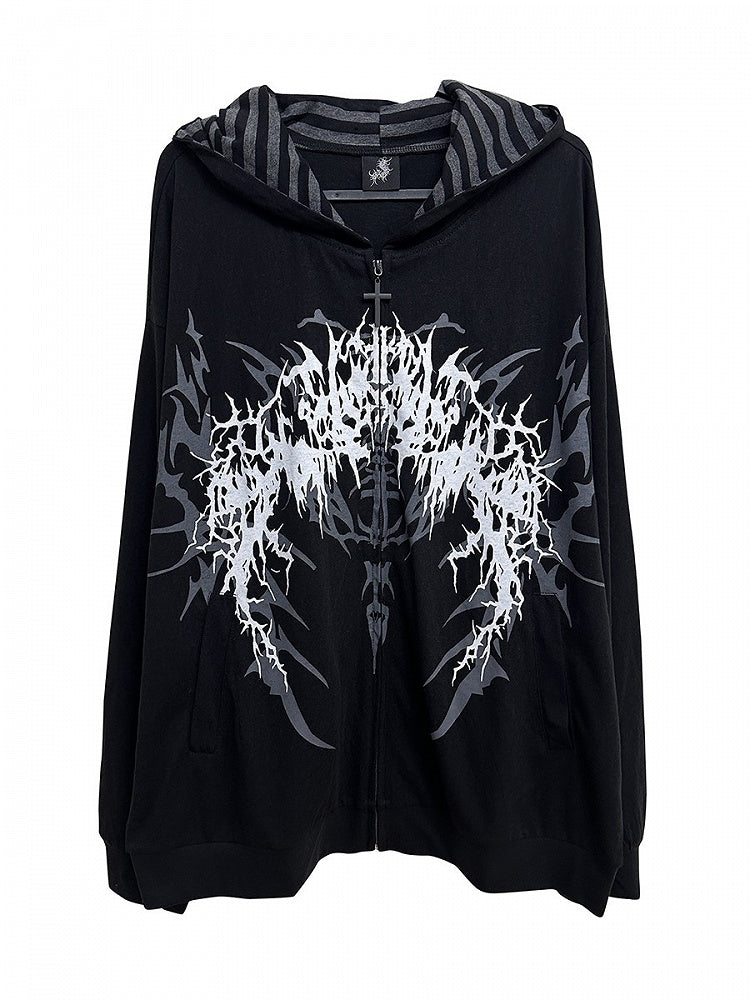 Print Fantasy Dark Black/White Gothic with Striped-Lined Lightweight Hoodie