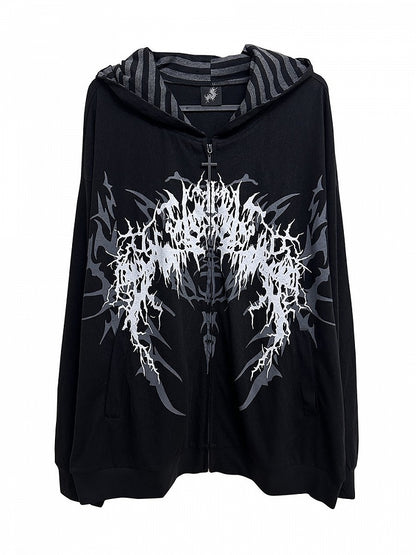 Print Fantasy Dark Black/White Gothic with Striped-Lined Lightweight Hoodie