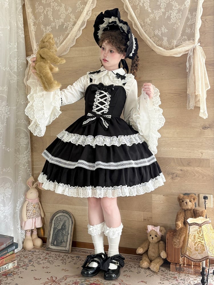 Black Tiered Old School Lolita JSK with Intricate Lace & Criss-Cross Bodice