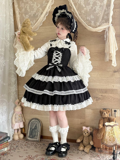 Black Tiered Old School Lolita JSK with Intricate Lace & Criss-Cross Bodice