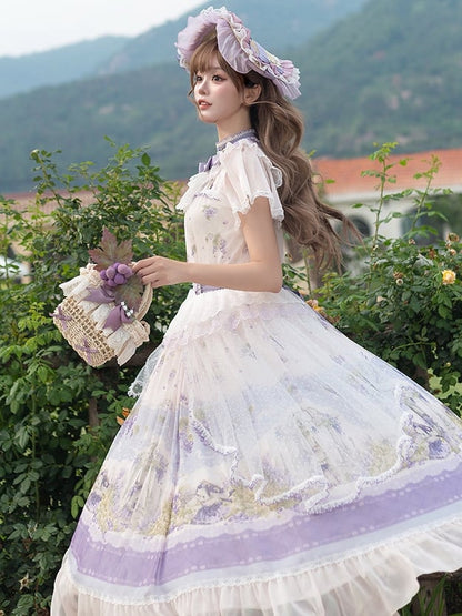 Set Elegant Top Classic Full Purple - Grape-Print Necklace Skirt + Lolita