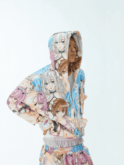 Closure Hoodie Colorful Cartoon Print Zip