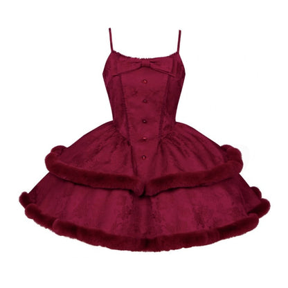 Red Basque Waist Plush Trim Hemline Christmas Lolita Dress Adjustable Thin Shoulder Straps