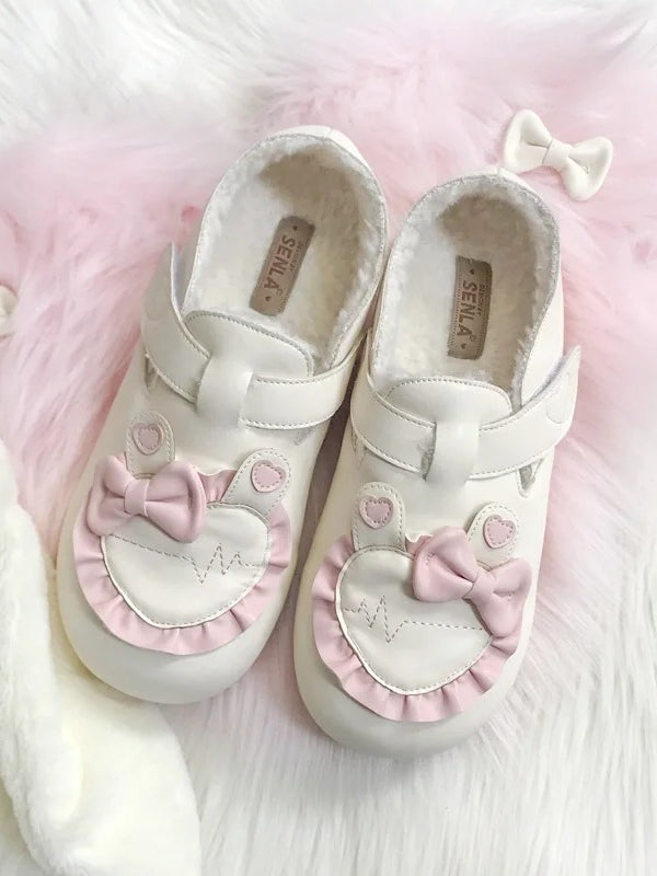Trim Fleece Beige Flats Heart Ear Lined Lolita with Ruffle Sweet Applique Bunny Winter