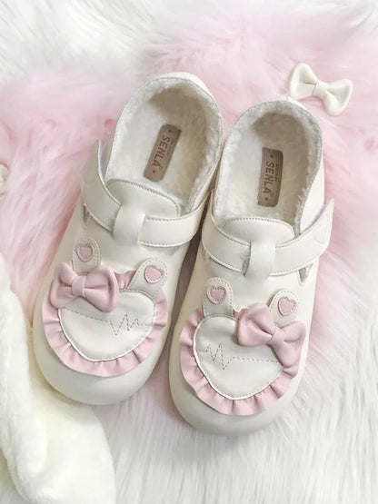 Trim Fleece Beige Flats Heart Ear Lined Lolita with Ruffle Sweet Applique Bunny Winter