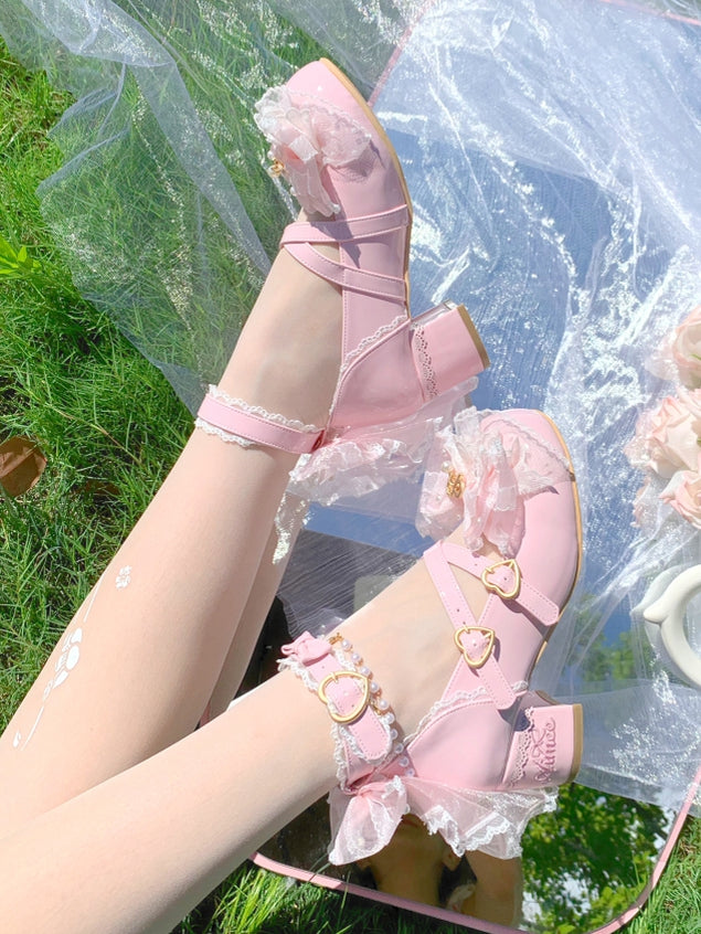 PU Pink - Lolita in Bows Janes Hime Light Mary Mid-heel Decor