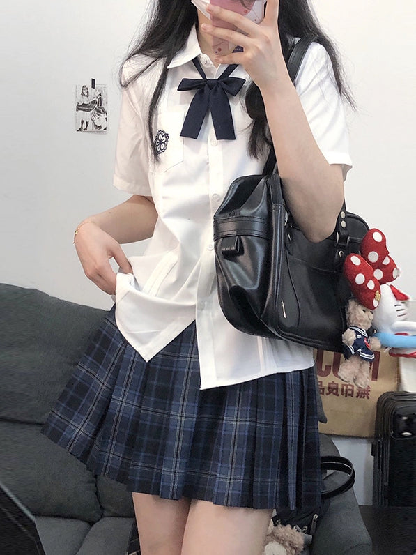 White Style Floral Uniform Shirt Short JK Pleating Details Embroidery Sleeves Preppy