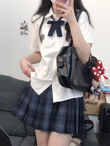 White Style Floral Uniform Shirt Short JK Pleating Details Embroidery Sleeves Preppy