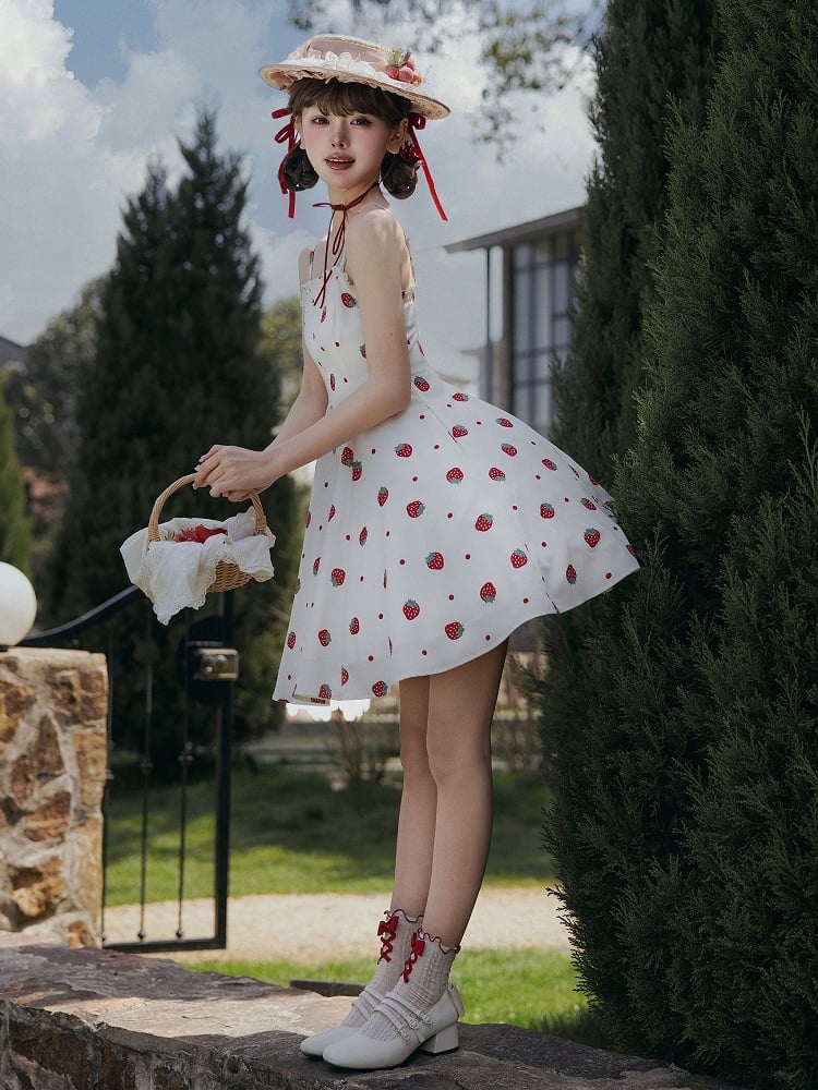 und weiß JSK süßes Kleid Polka Dots Sommer Lolita Erdbeere Sonne Druck
