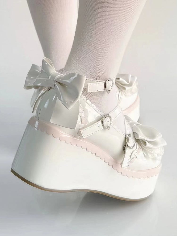 - Sweet White Lolita Multi-layer at Bow Lace Shoes Top Platform