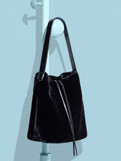 Luxurious Black Plush Shoulder Tote With Drawstring Closure